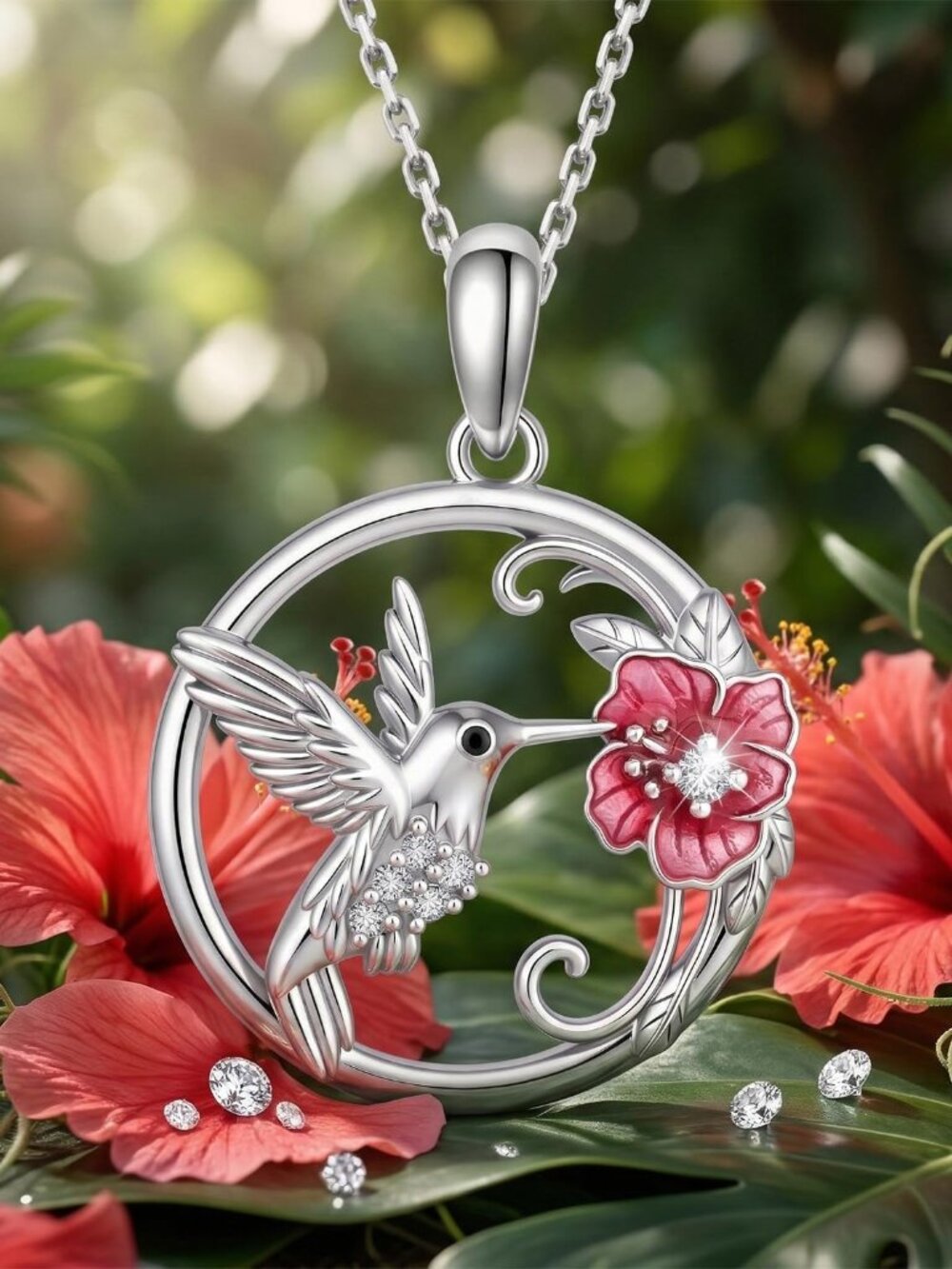 Diamond Hummingbird Necklace for Women, 925 Sterling Silver Red Flower Hummingbi - Picture 3 of 6